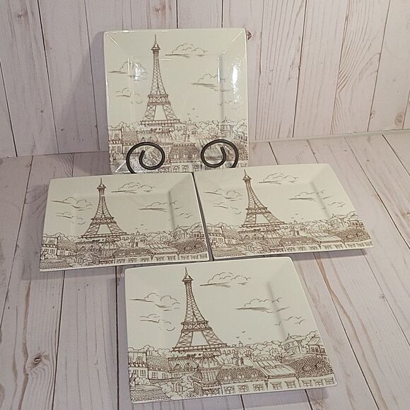 222 Fifth CITY SCENES Sepia Appetizer/dessert PARIS Eiffel Tower Plates Lot 4 - Picture 2 of 7